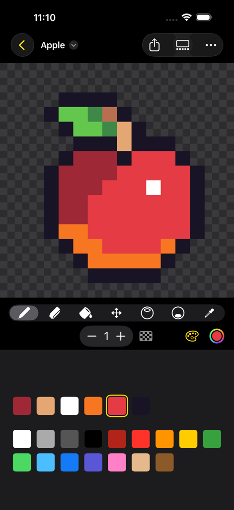Sprite Pencil 앱 인터페이스에서 드로잉 도구와 색상 팔레트를 사용하여 픽셀 아트 사과를 디자인하는 모습.