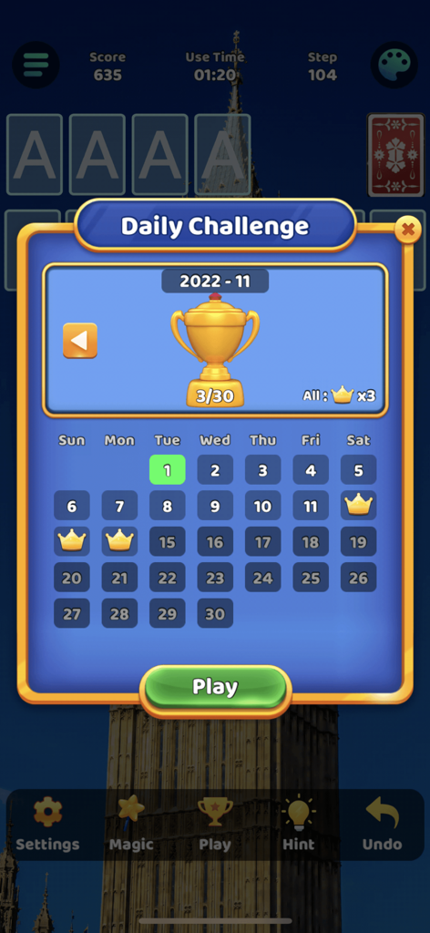 Solitaire daily challenge interface showing a calendar with earned trophies