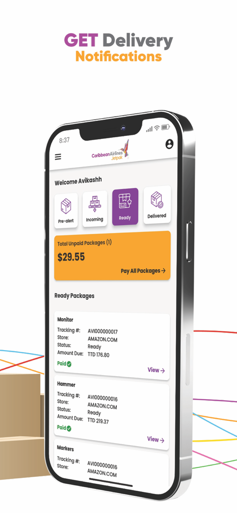 Caribbean Jetpak - Mobile app screen for Caribbean Jetpak showing ready packages and delivery status