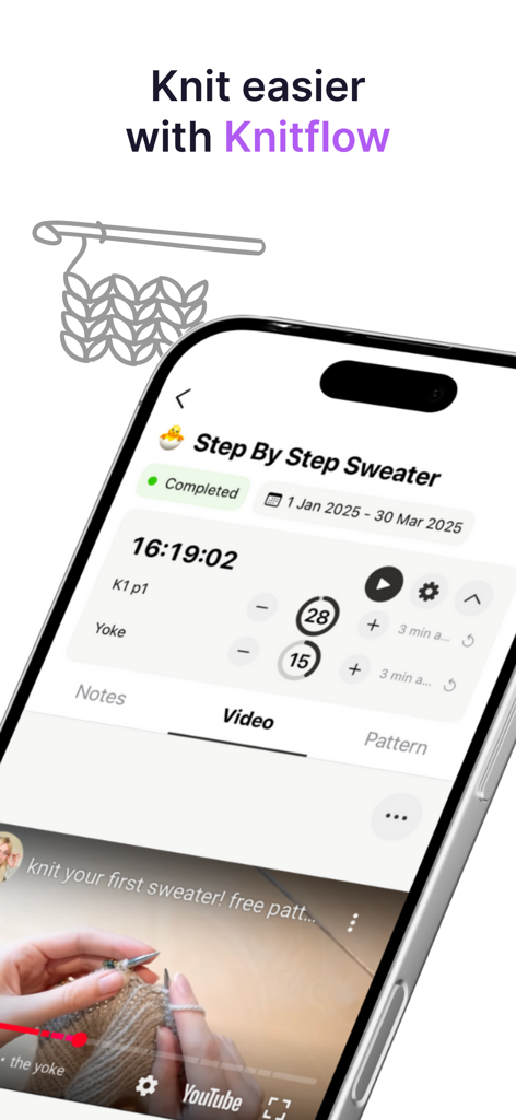 Knitflow — Knitting & Crochet - Interfaz de la aplicación Knitflow mostrando un proyecto de tejido con contadores de hileras y un video tutorial.