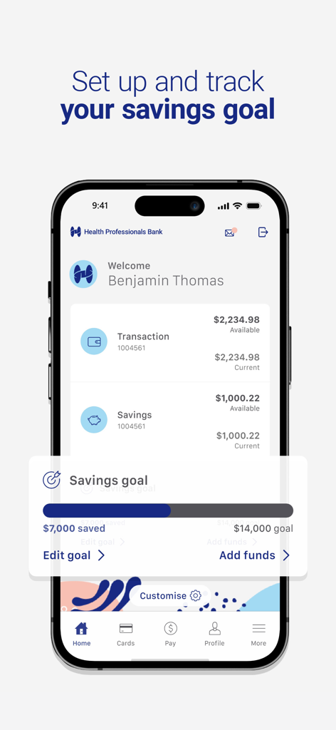 Mobile banking app screen showing a savings goal progress bar for health professionals
