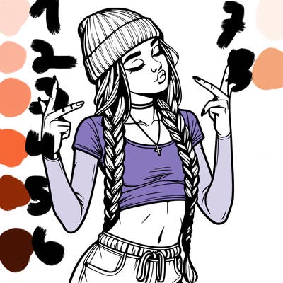 realistic teenage girl with braids and a beanie and crop top doing 🫶🏼