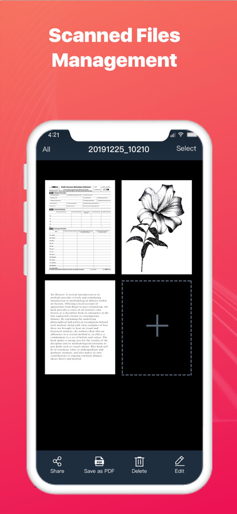 Text Scanner - Image to Text - Text Scanner App-Oberfläche, die den Bildschirm zur Verwaltung gescannter Dateien mit einem Raster digitalisierter Dokumente und Bearbeitungswerkzeugen anzeigt