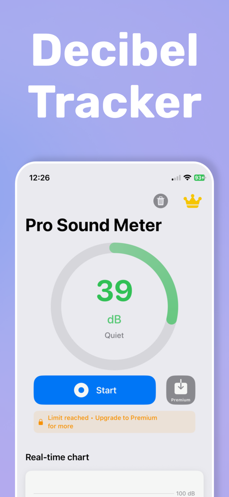 iPhone screen showing the Decibel Tracker app interface with a real time sound meter reading of 39 decibels