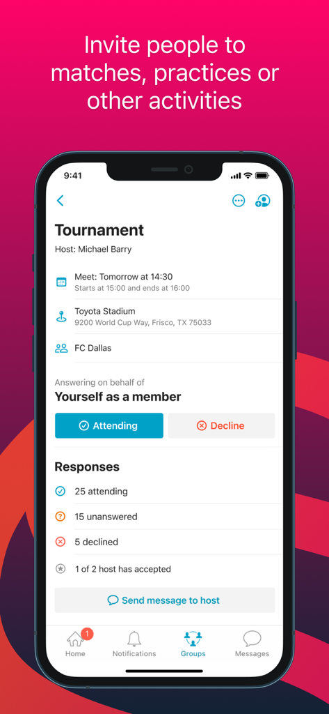 Spond - Spond app interface showing a sports tournament invitation with rsvp options and attendee tracking