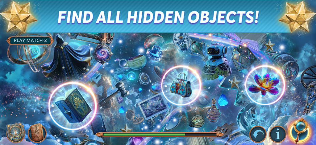 Maze of Realities: Synergy F2P - A hidden object gameplay scene in Maze of Realities showing various fantasy items like a blue book and flower scattered in a cosmic environment.