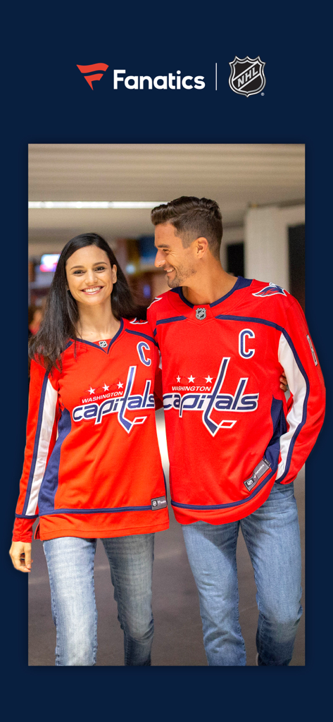 Fanatics NHL Shop - Ein Mann und eine Frau tragen offizielle Washington Capitals Trikots aus der Fanatics NHL Shop App