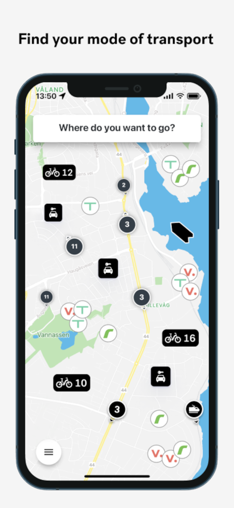 Kolumbus - Uno schermo di smartphone che mostra la mappa dei trasporti in tempo reale dell'app Kolumbus con icone per il bike e car sharing.