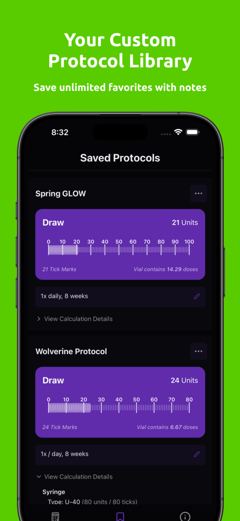 A list of saved custom peptide protocols in the PepCalc mobile app