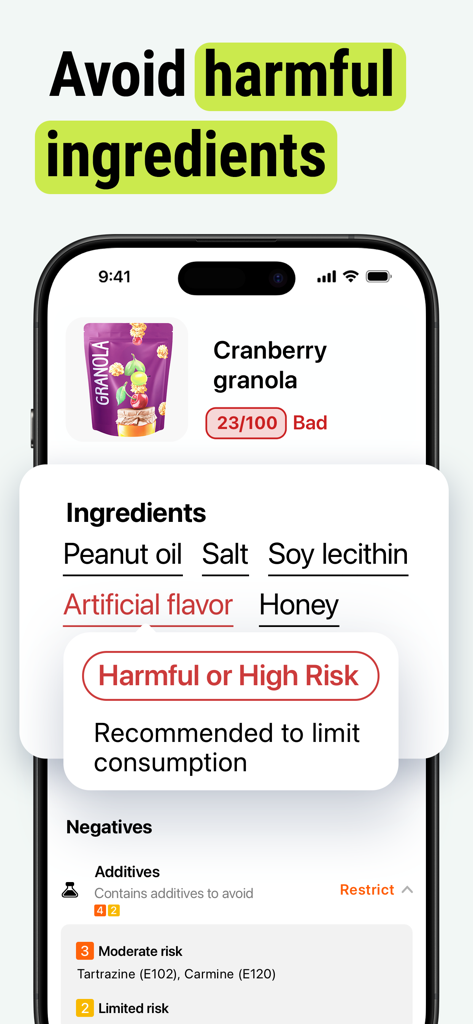 Tela do aplicativo OnFork mostrando ingredientes nocivos e níveis de risco de aditivos para um produto alimentar.