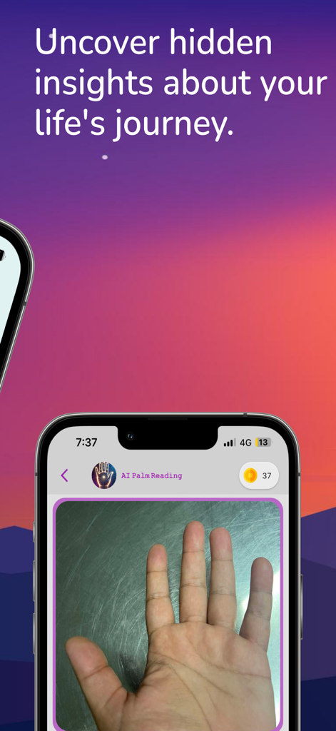 Palmistry GPT-AI Palm Reading - Ein Smartphone-Bildschirm, der einen Handscan in der Palmistry GPT-AI-App anzeigt.