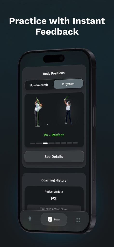 Golf Daddy: Golf At Home - Golf Daddy app interface showing AI driven swing analysis and body position feedback