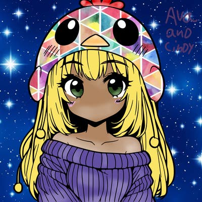anime girl with chick shaped hat with sweater with bare shoulders with bangs covering them one eye with low tail