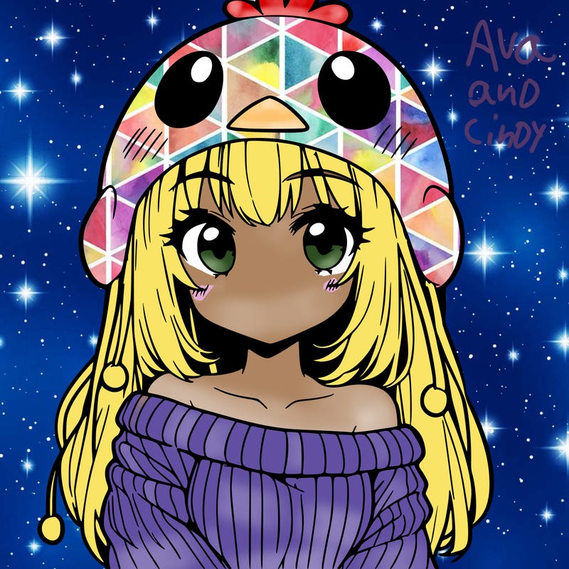 anime girl with chick shaped hat with sweater with bare shoulders with bangs covering them one eye with low tail