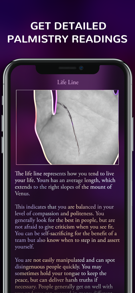 Palmist - AR Palm Reader - A detailed life line palmistry reading displayed on a mobile app screen