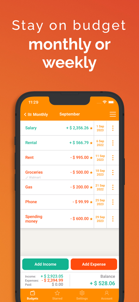 Fudget: Monthly Budget Planner - Fudget app interface showing a simple monthly budget list with income and expenses