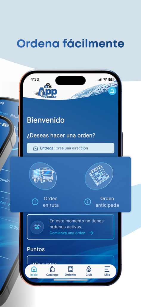 App Tu Hogar: Pide ahora - Interfaz de la pantalla de inicio de App Tu Hogar que muestra opciones para pedidos en ruta y entregas programadas.