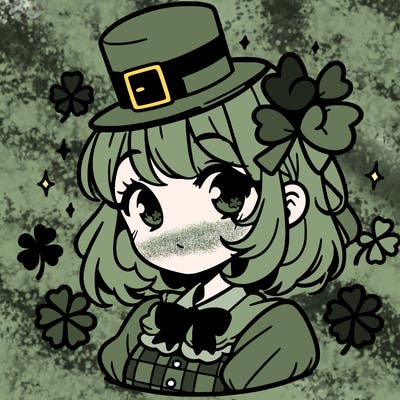 a manga-style girl with clovers around her, a little hat in her hair, like it's saint patrick's day
