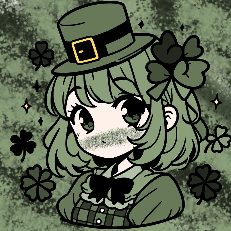 a manga-style girl with clovers around her, a little hat in her hair, like it's saint patrick's day
