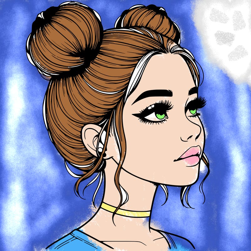 realistic girl with buns on the top of her head