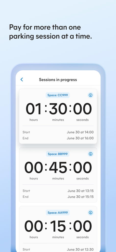 Mobicite app interface showing multiple active parking session timers for different parking spaces.