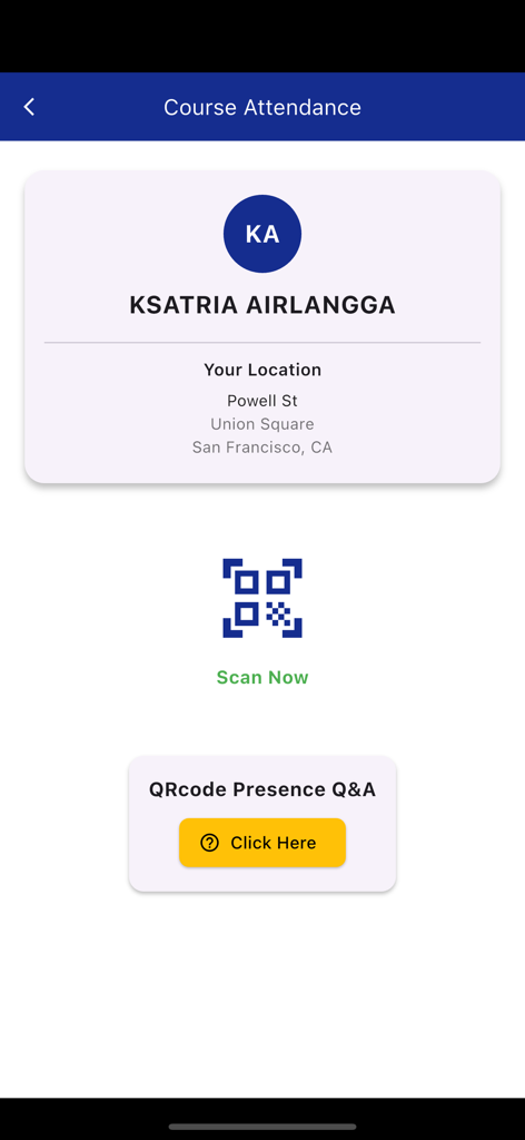 Kampus Kita Mahasiswa - Course Attendance screen in the Kampus Kita app featuring a QR code scanner for student presence and location tracking