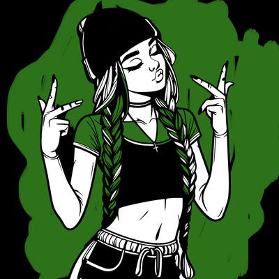 realistic teenage girl with braids and a beanie and crop top doing 🫶🏼