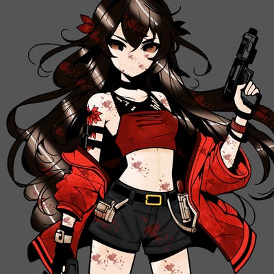 bad girl wearing crop top holding a gun long hair anime