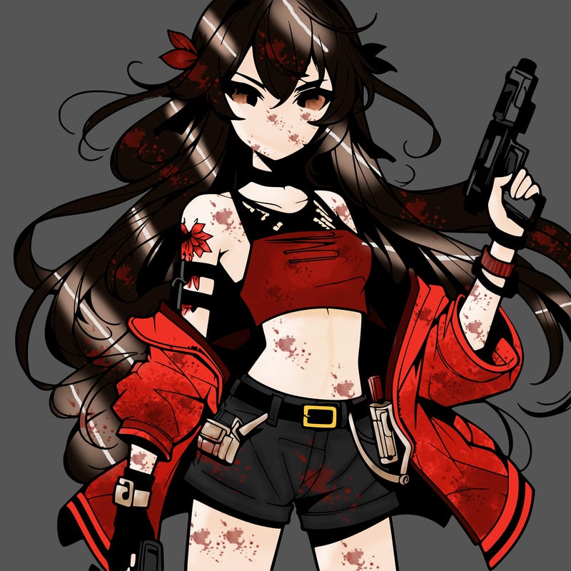bad girl wearing crop top holding a gun long hair anime