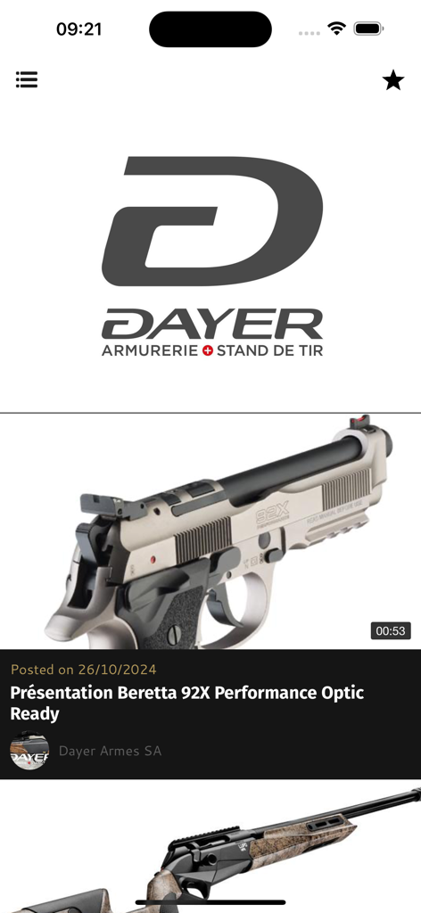 Interface de l'application DASA montrant une présentation du pistolet Beretta 92X dans le fil d'actualité de Dayer Armurerie