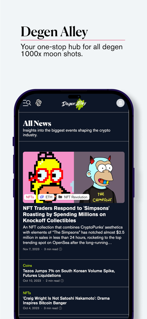 Decrypt: Bitcoin & crypto news - Smartphone screen showing the Degen Alley hub within the Decrypt app featuring NFT and crypto news stories