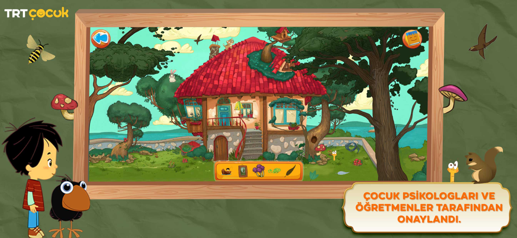 TRT Ege ile Gaga - TRT Ege ile Gaga 어린이 게임의 스크린샷. Ege와 Gaga 캐릭터 옆에 정원 배경의 숨은 그림 찾기 화면이 표시됩니다.