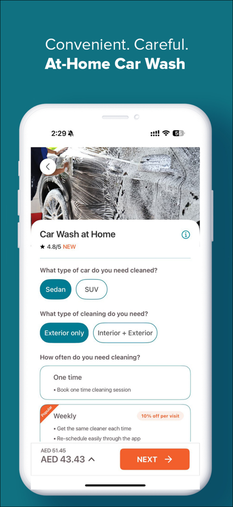 ServiceMarket - Pantalla de la aplicación ServiceMarket para reservar un lavado de coches a domicilio con opciones de tipo de vehículo y frecuencia del servicio