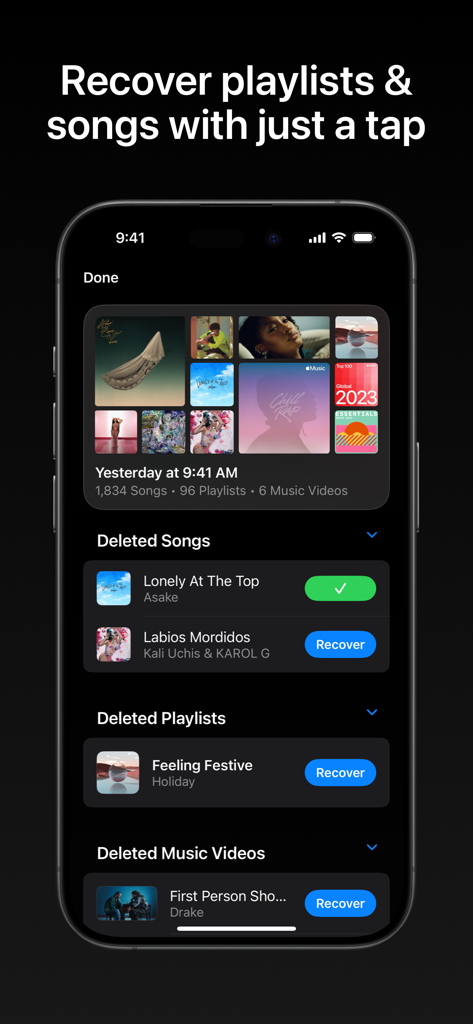 Hezel for Apple Music - Hezel app interface showing options to recover deleted songs and playlists from an Apple Music backup