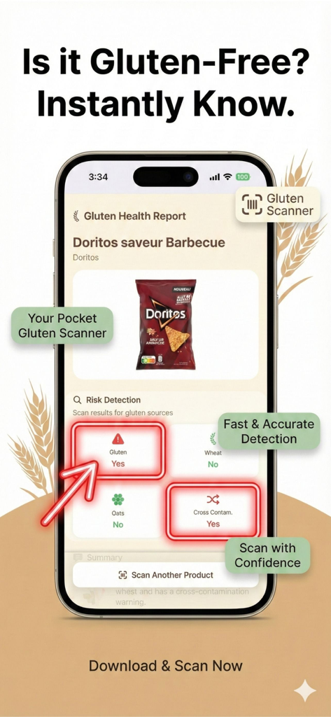 Gluten Free Scanner GF - Gluten Free Scanner GF app interface showing a product health report with risk detection indicators