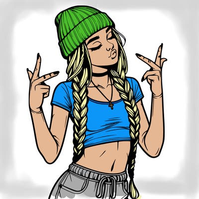 realistic teenage girl with braids and a beanie and crop top doing 🫶🏼