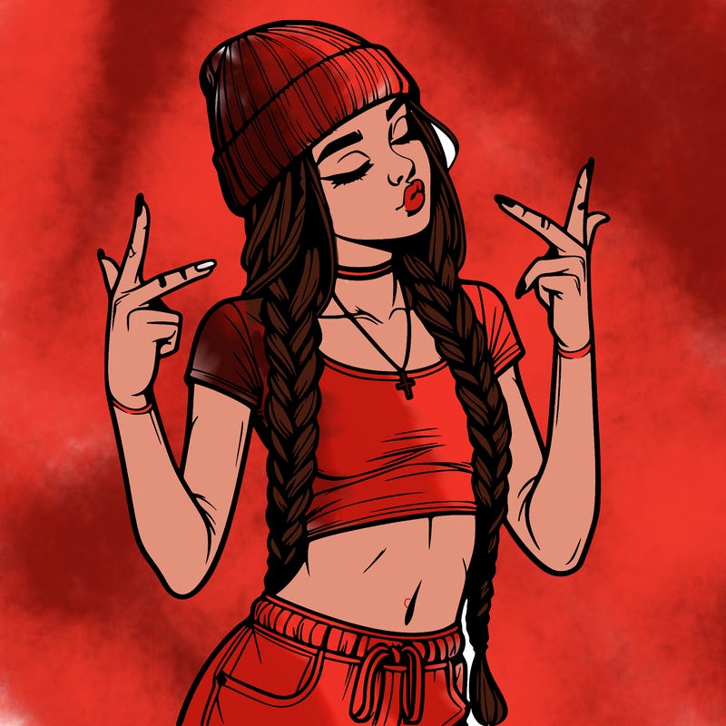 realistic teenage girl with braids and a beanie and crop top doing 🫶🏼