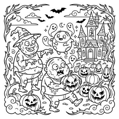 Dive into the Halloween spirit with this delightfully spooky coloring page featuring fun-loving bloated zombies. Adorned with grinning pumpkins, playful ghosts, and a classic haunted house, it's perfect for a ghoulishly good time.