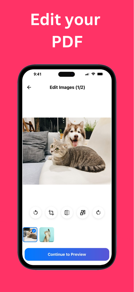 Photo to PDF Converter Maker - Mobile app interface showing image editing tools for cropping and rotating photos before PDF conversion