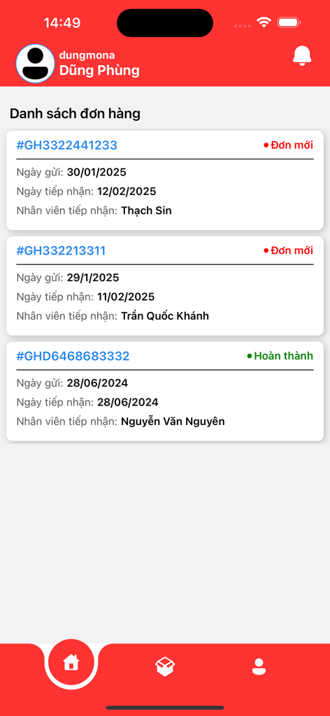 List of shipping orders with status updates in the Giang Huy Pro logistics app