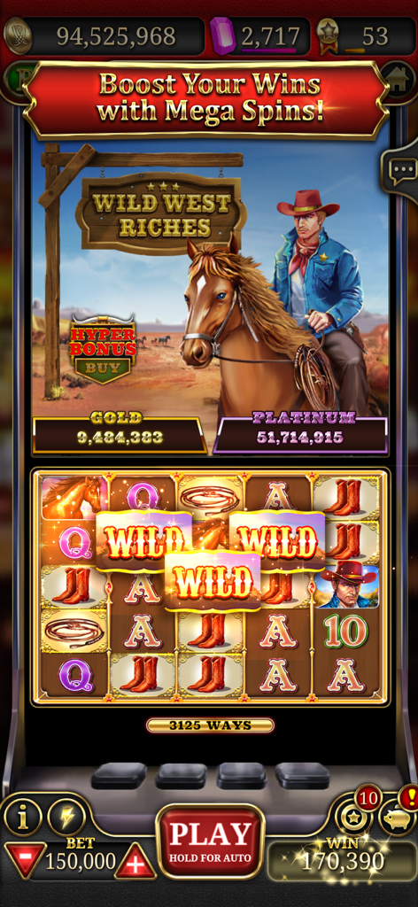 Wynn Slots - Las Vegas Casino - A screenshot of Wynn Slots featuring the Wild West Riches cowboy-themed slot machine with wild symbols and a mega spins banner.