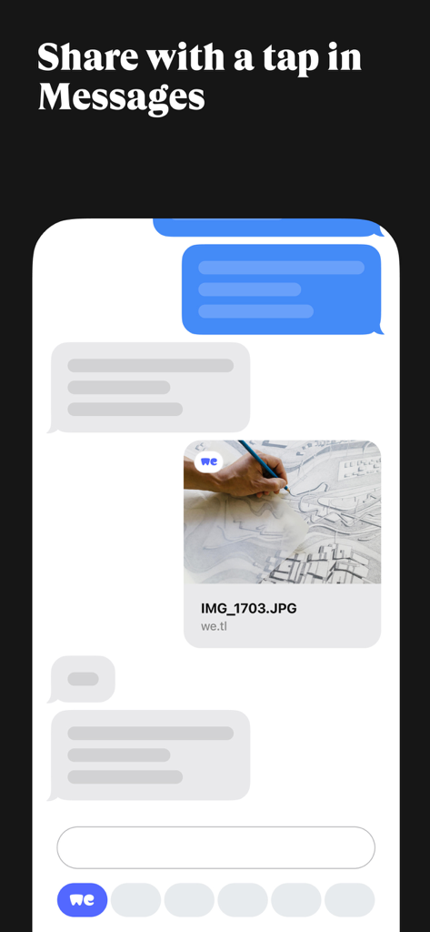 WeTransfer app interface showing an architectural image file shared directly in a mobile messaging conversation.