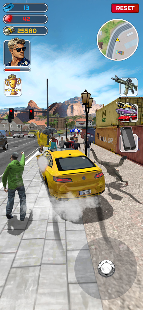 A gameplay screenshot of Gangster Life showing a yellow car causing chaos on a city street