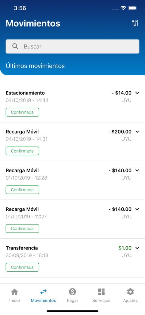 Tuapp Billetera Electronica - Transaction history screen in the Tuapp digital wallet showing mobile recharges and parking payments in Uruguayan pesos