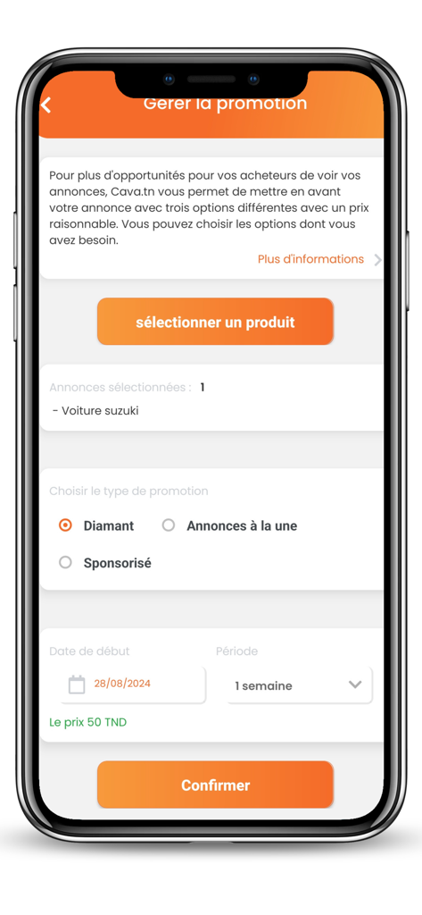 Tela do aplicativo Cava.tn para gerenciar promoções de anúncios para produtos como carros