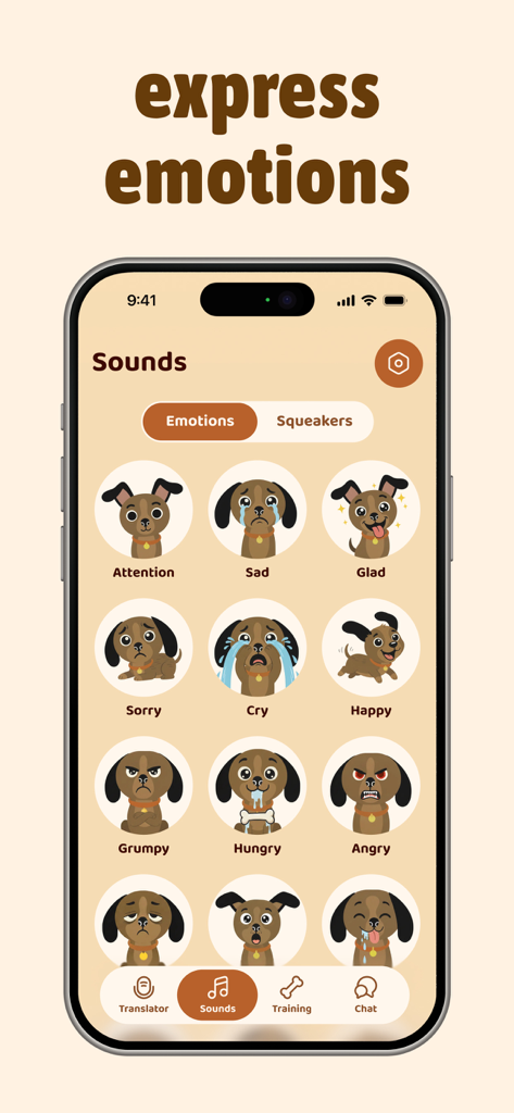 Dog Translator+‎ - 幸せ、悲しみ、空腹など、さまざまな感情を表す犬のキャラクターアイコンのグリッドを表示するモバイルアプリ画面。