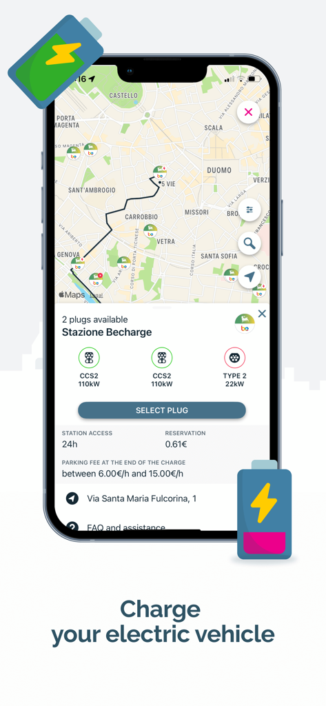 URBI - your mobility solution - Tela do mapa no aplicativo URBI exibindo plugues de carregamento de veículos elétricos disponíveis em uma estação com informações de preços.
