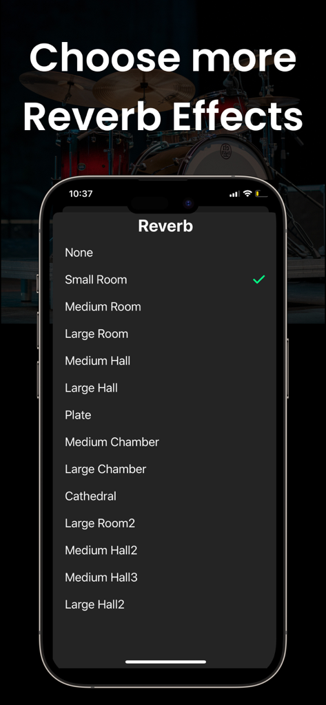 Drums Machine & Drum Set - A mobile app screen showing a menu of reverb effects for drum practice like small room and cathedral