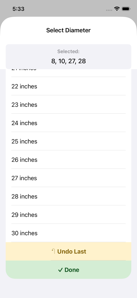 Diameter selection screen in Log Calculator app with a list of inches and undo button