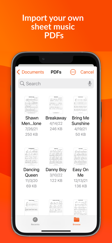 Sheet Music Direct - A mobile screen showing the import and organization of personal sheet music PDF files in the Sheet Music Direct app